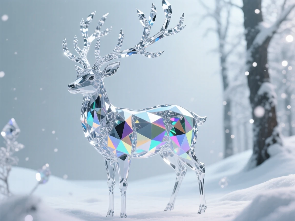 A mystical stag with antlers made of branching crystal, standing in an enchanted snowy forest.