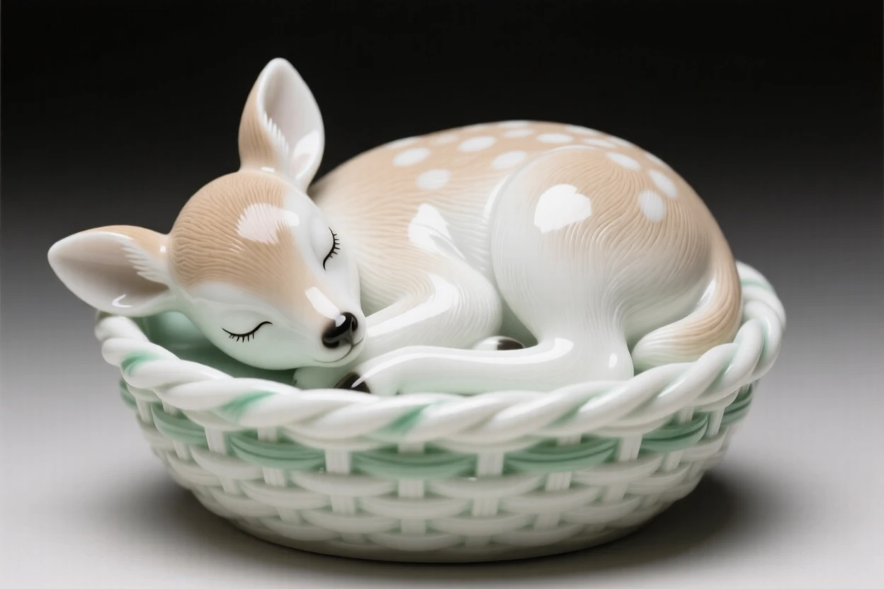 A tiny fawn curled up asleep in a woven basket, radiating quiet, gentle charm.