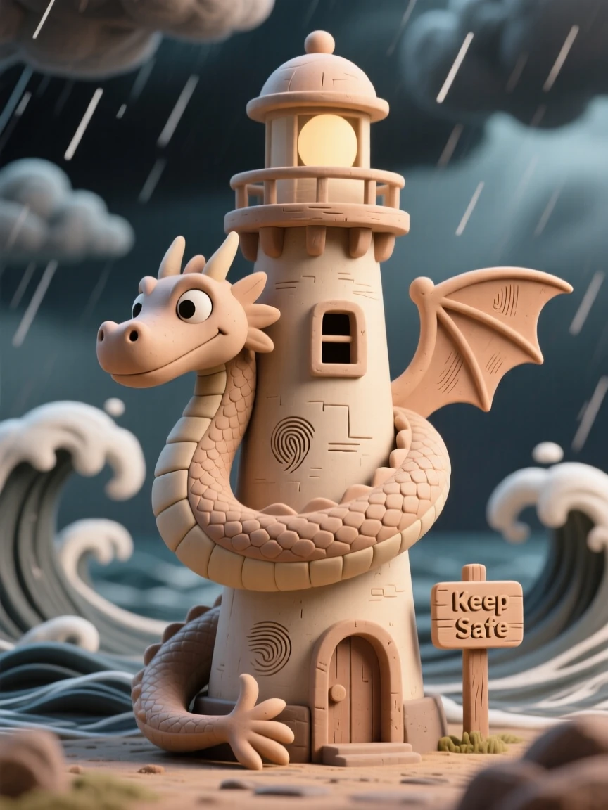 A dragon curling its tail around a lighthouse during a storm