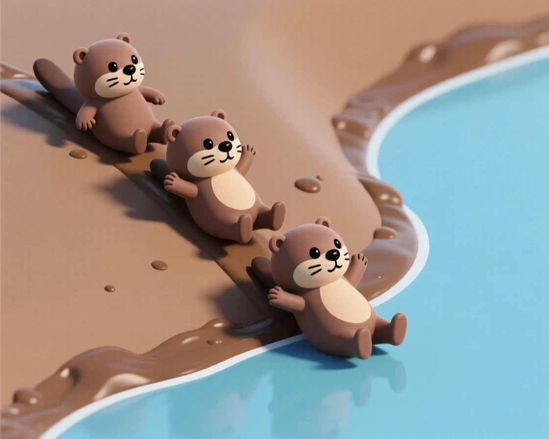 A playful group of otters slide one by one down a muddy riverbank into the water below.