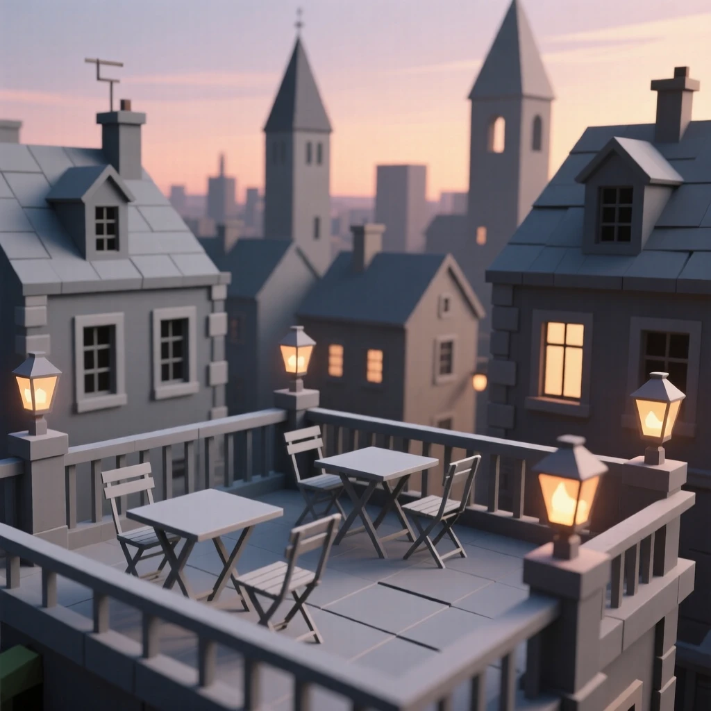 A vibrant rooftop terrace overlooking a historic old town, as lantern light flickers to life at dusk. warm window lights add a cozy glow to the scene. A gentle, welcoming warmth fills the air.