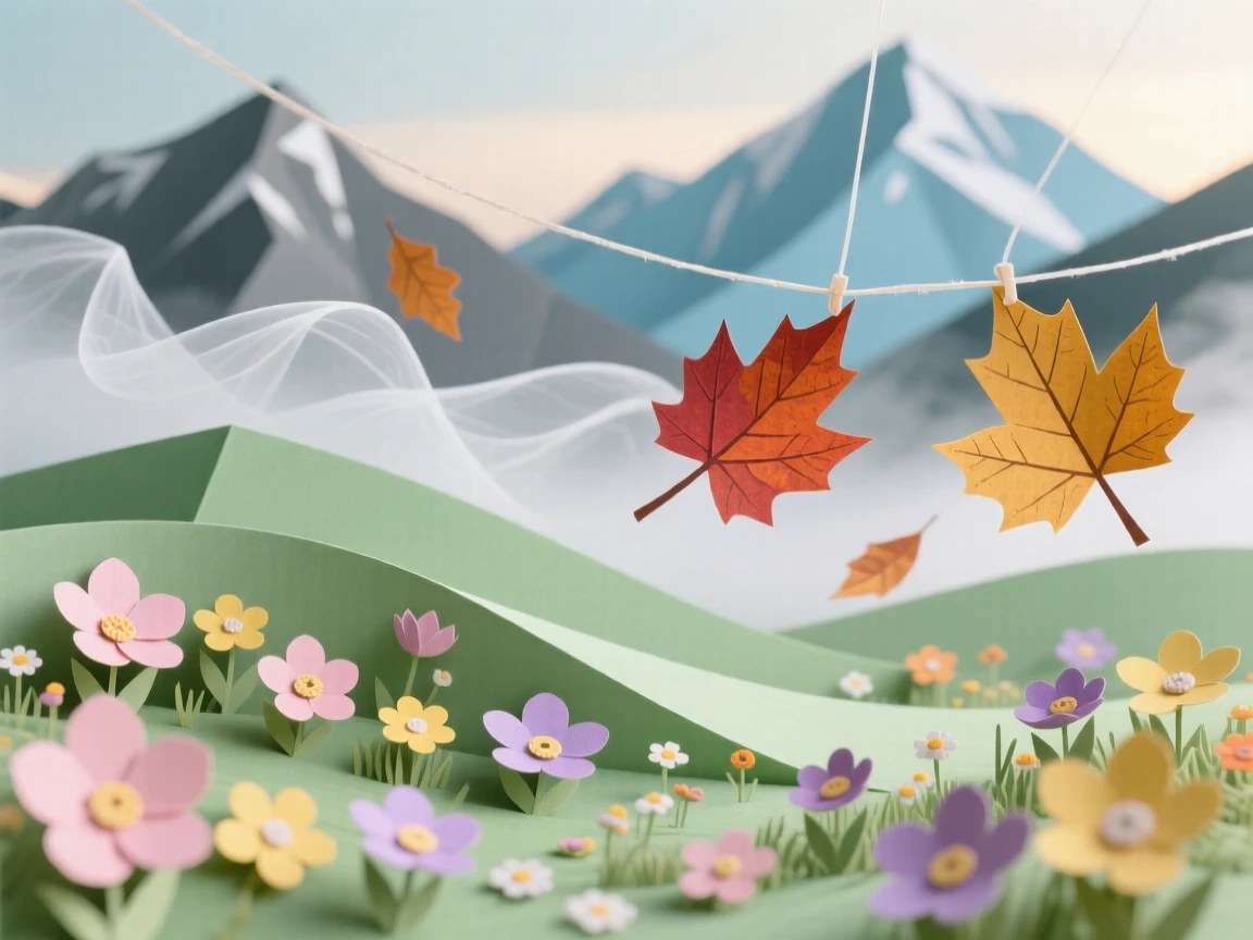 A quiet alpine meadow dotted with wildflowers in soft drifting morning mist, with autumn leaves drifting on a gentle breeze, capturing raw natural grandeur and scale.