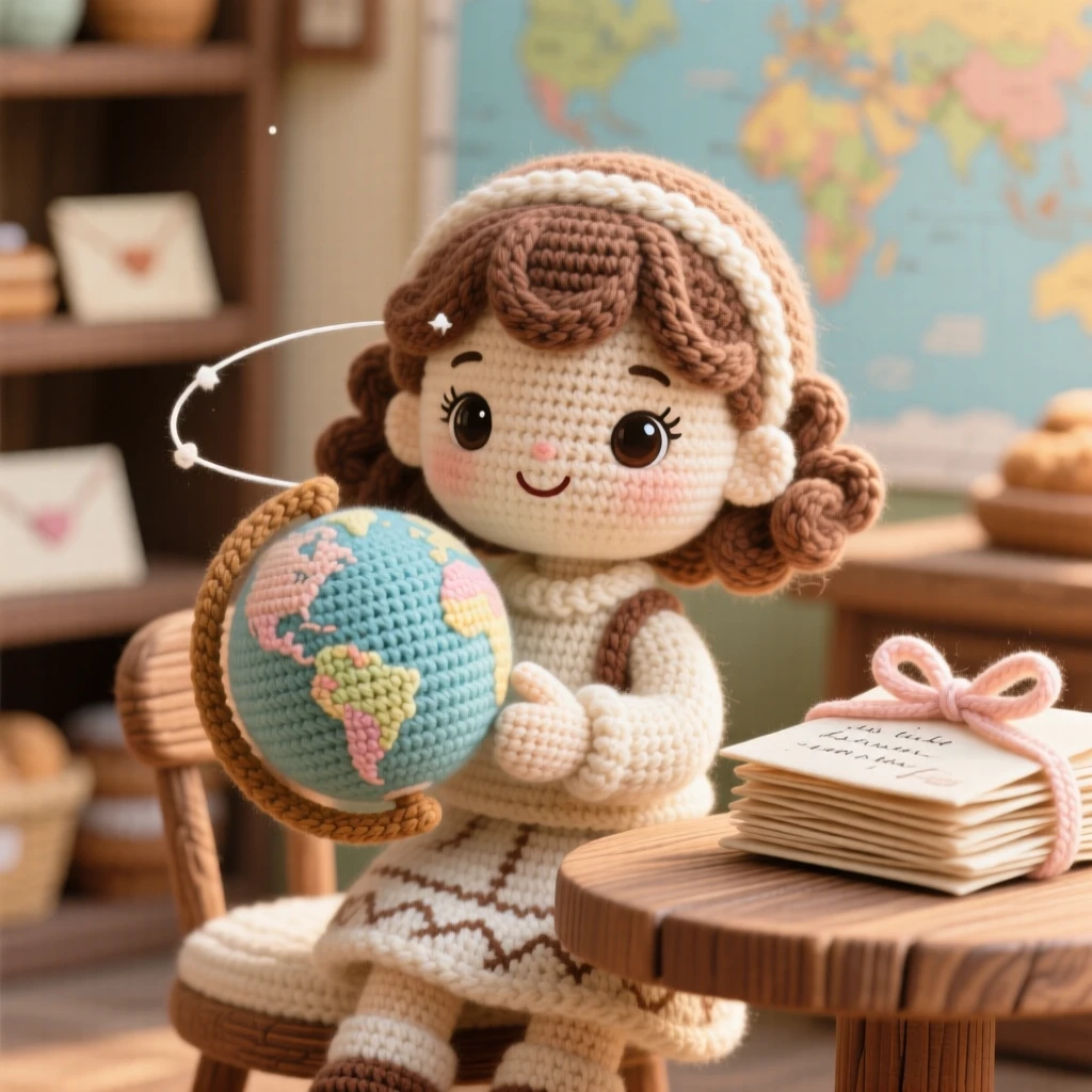 a little girl astronomer with a globe, spinning a small globe thoughtfully, pointing to a distant country on the map, in a warm village bakery filled with morning light, with a stack of handwritten letters tied with ribbon nearby, conveying quiet contentment in simple daily work.