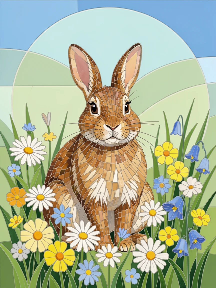 A curious rabbit sitting among spring wildflowers, captured in soft natural light with a shallow depth of field.
