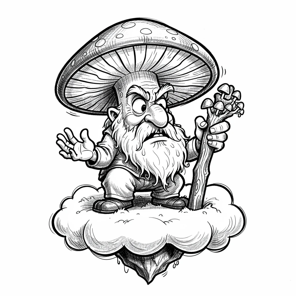 A talking mushroom village elder atop a floating island of clouds.