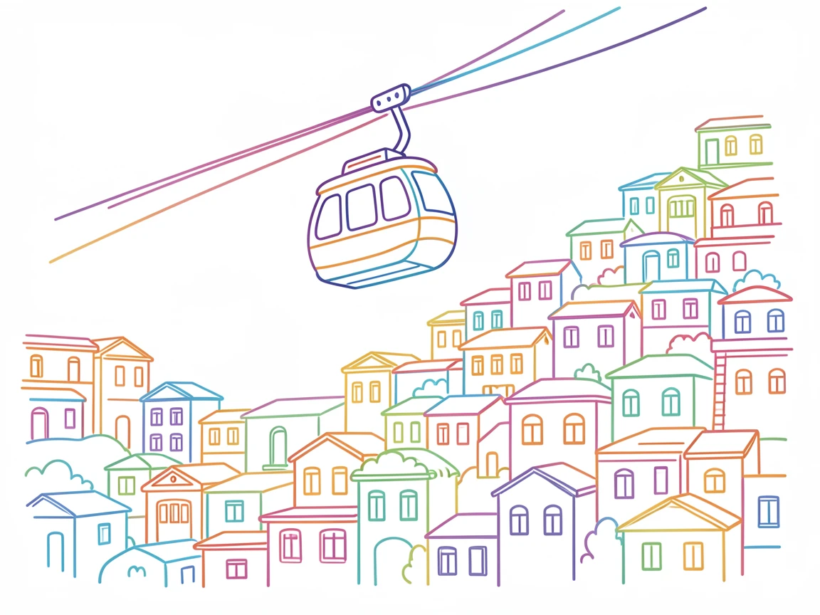 A cable car climbing above the colorful hillside houses of Valparaiso.