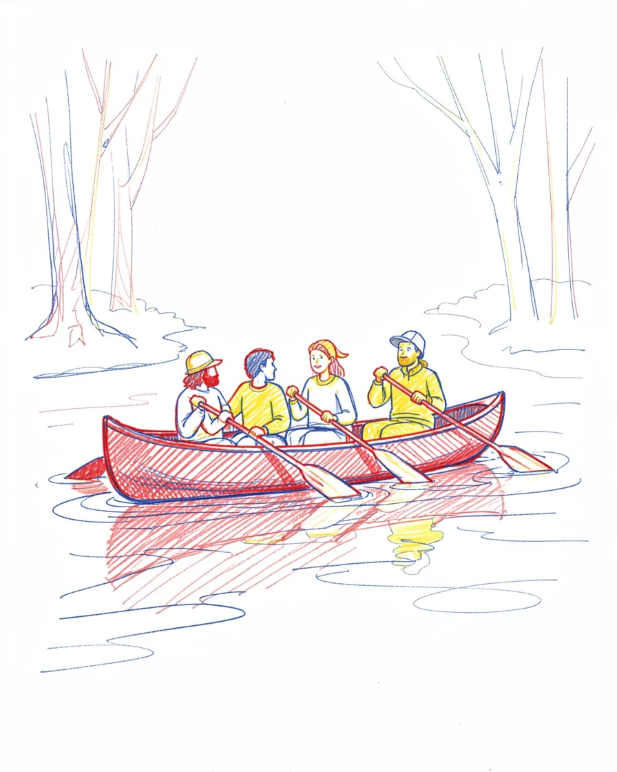 A group of friends canoeing together down a calm forest river