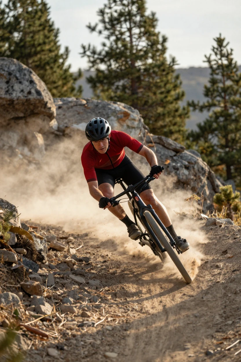 A cyclist leans hard into a curve during a mountain descent, dust kicking up behind the wheel.