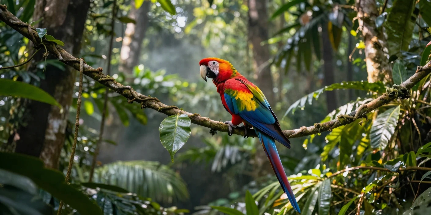 A colorful macaw perched on a jungle vine deep within a rainforest canopy