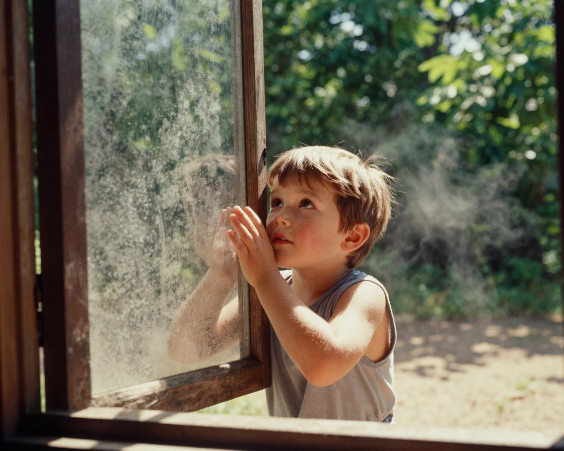A child pressing their face against a frosted window pane, under harsh midday sun, as mist rises off the ground, in the height of summer, with deep emerald greens and browns, captured from a low angle looking up.