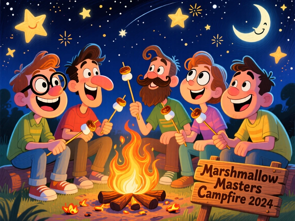 A group of friends toasting marshmallows around a campfire under starry skies.