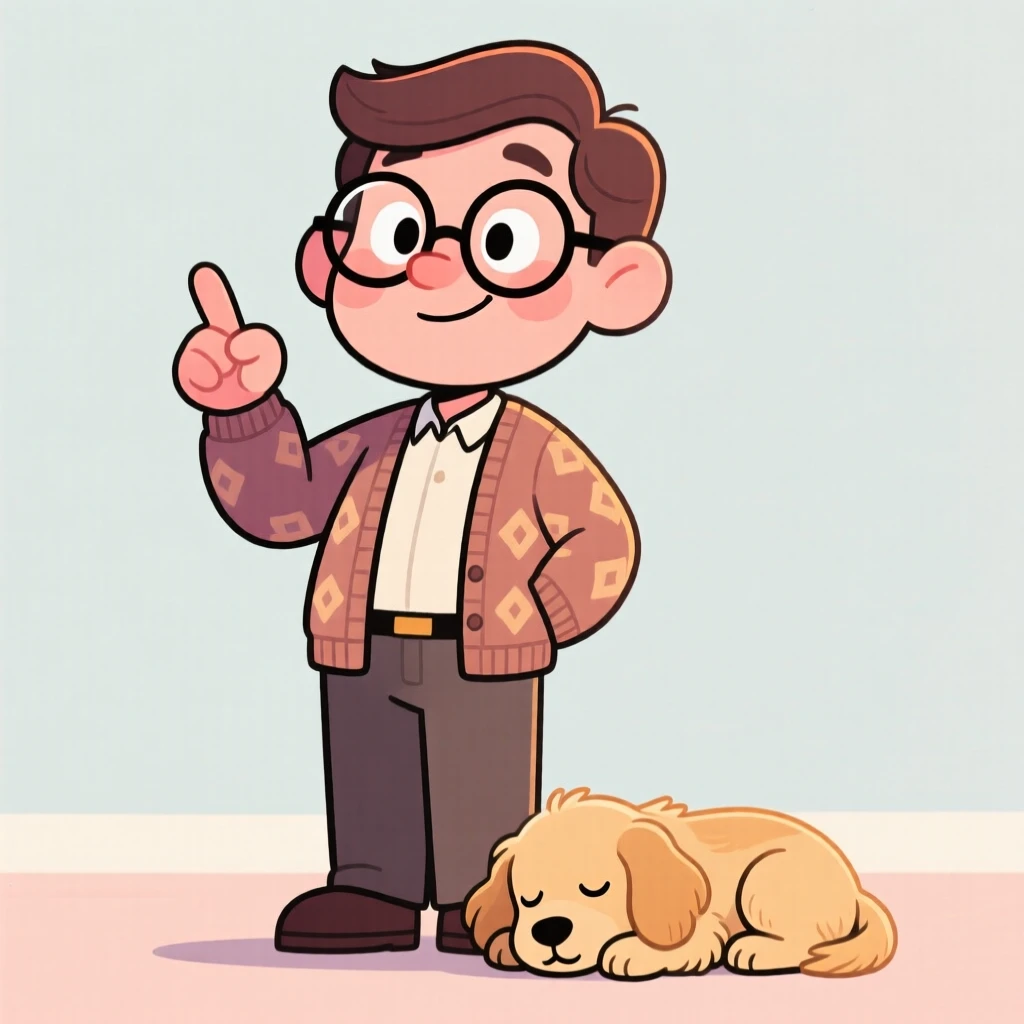 A charming portrait of a kind-hearted teacher, raising one eyebrow with a knowing smirk, with a beloved pet curled at their feet.