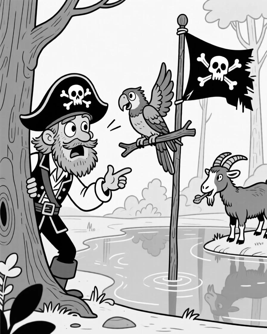 A pirate captain arguing with a talking parrot, ducking back behind the tree after being spotted, set beside a crystal-clear forest pond. A stubborn goat chews on a nearby flag. It's a whimsical moment that feels both magical and silly.