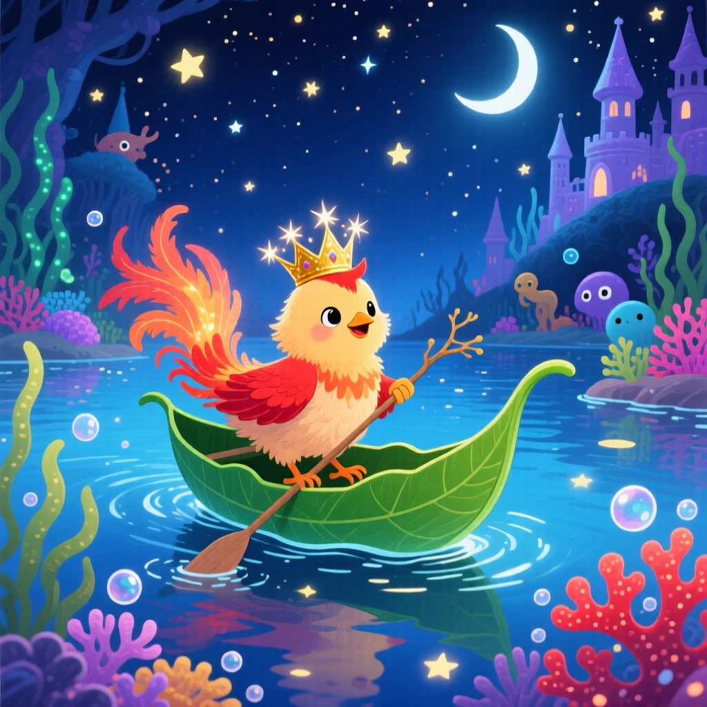 A phoenix chick is riding a floating leaf boat across a starlit lake in an underwater kingdom, as reflections shimmer on the still water.