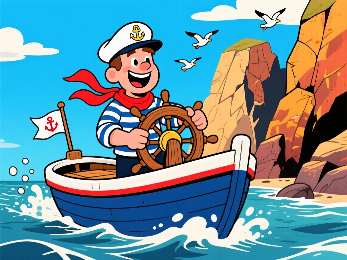 A sailor steering a small boat past a rocky coastline.