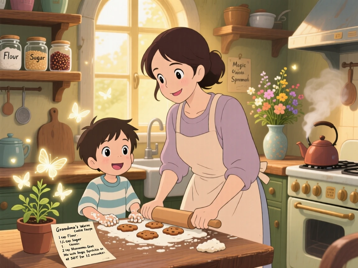 A mother and child baking cookies together in the kitchen, the scene glowing with togetherness.