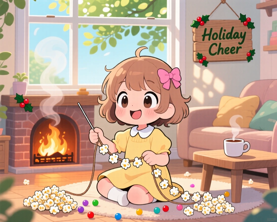 Framed through a window: a young girl, stringing popcorn garlands for the holidays, set against a cozy living room by the fireplace during a light summer breeze, with dappled sunlight through a canopy and a mood of curious excitement.