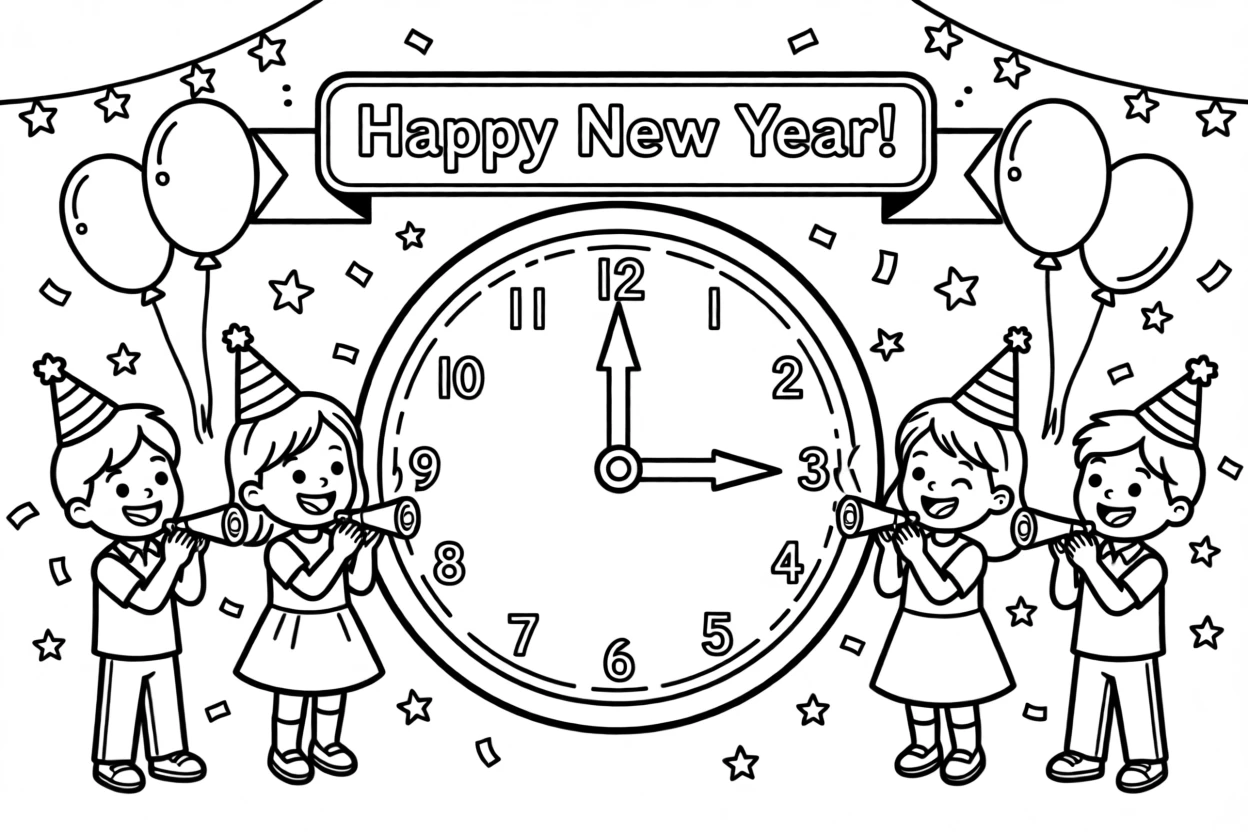 A New Year's countdown party with a clock striking midnight