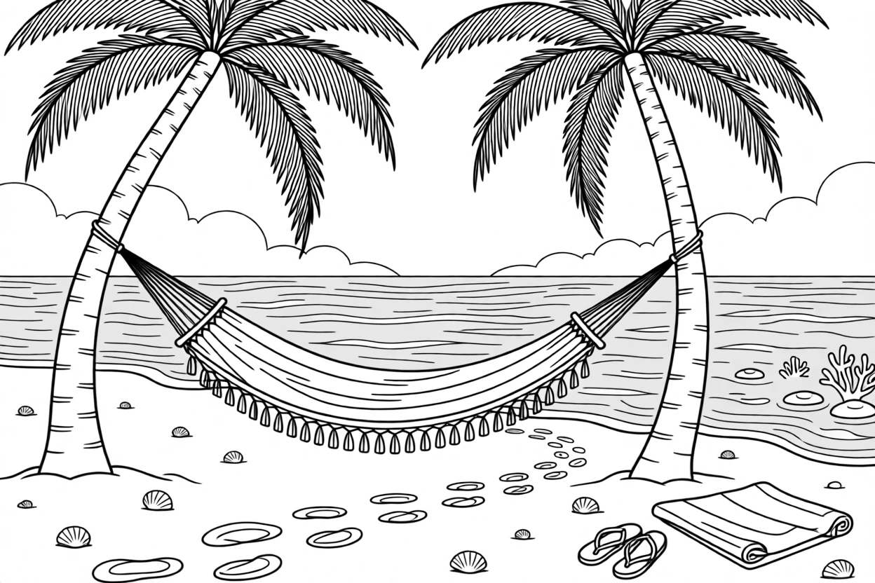 A hammock strung between two palm trees over turquoise water, with footprints trailing across the sand.