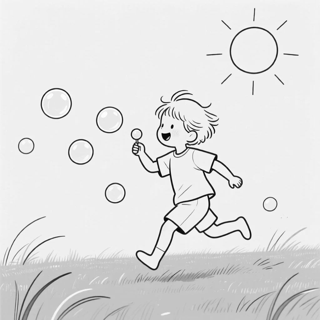 A child chasing bubbles across a sunny lawn