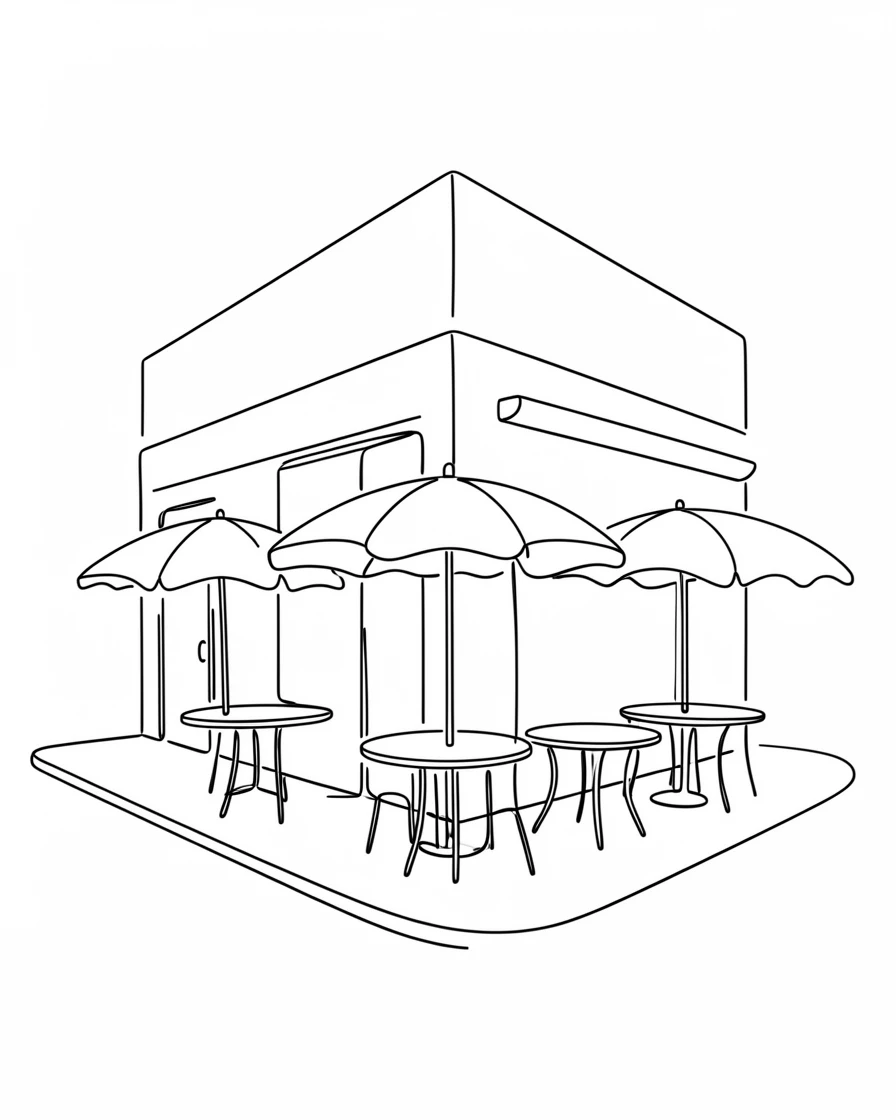 A row of umbrella-covered tables outside a corner bistro