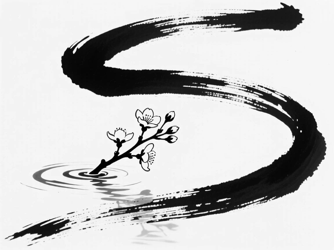 A single sprig of cherry blossom floating on still water.