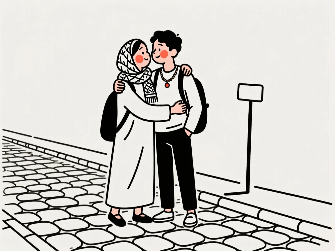 College roommates of Moroccan heritage, sharing a tender embrace, on a quiet cobblestone street.