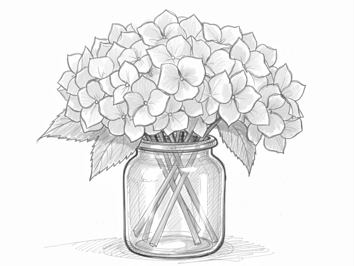 An elegant arrangement of a bunch of hydrangeas in soft pastel hues in an antique glass jar, with sunlight filtering through translucent petals.