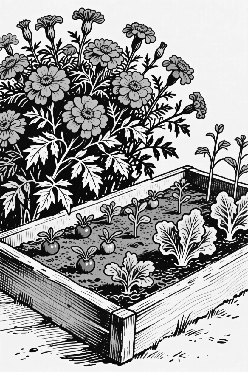 A cluster of marigolds bordering a vegetable garden bed.