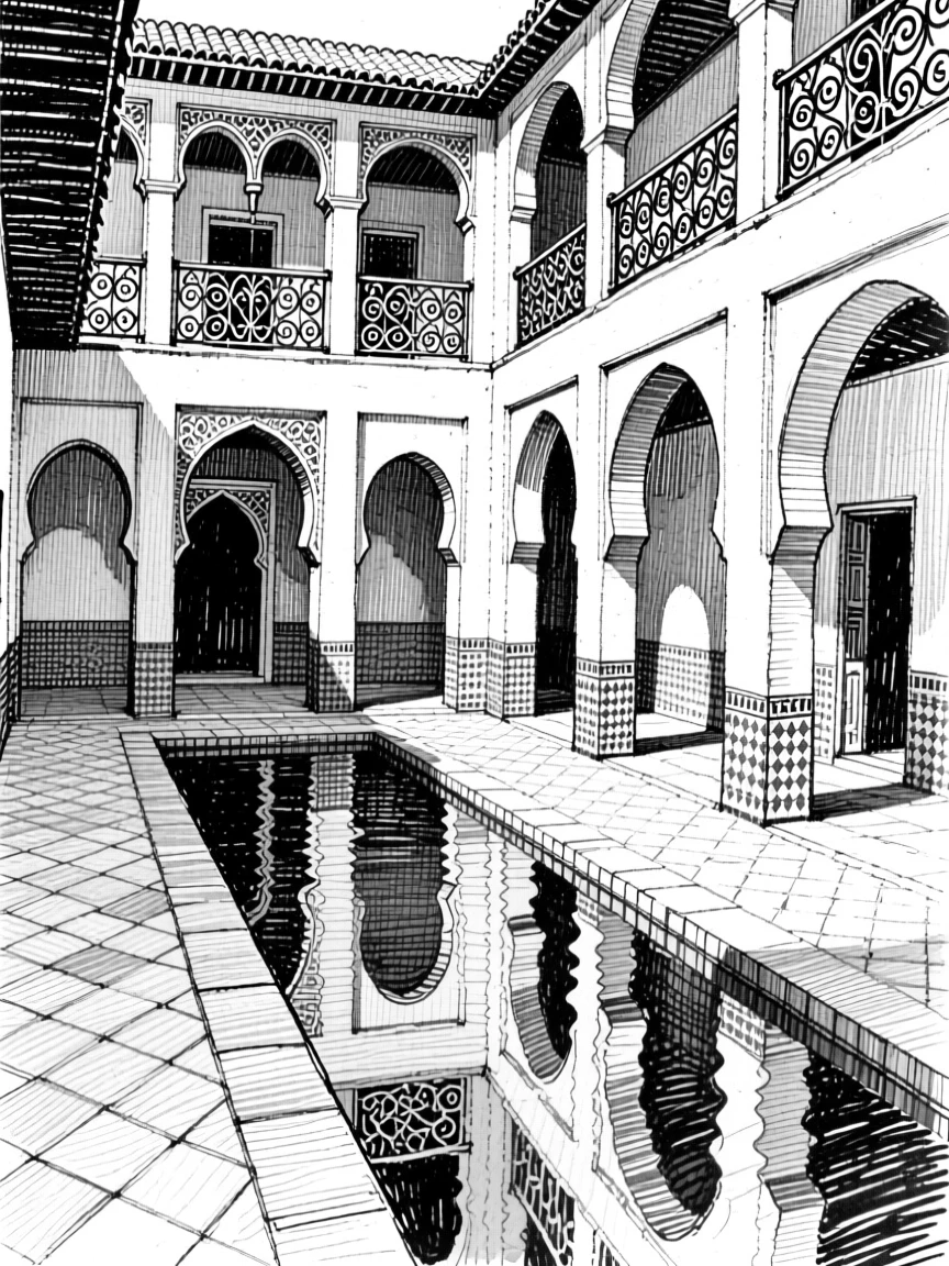 A moroccan courtyard with arched doorways reflected in a still canal, featuring wrought-iron balconies overhead, rendered in a majestic and imposing architectural composition.