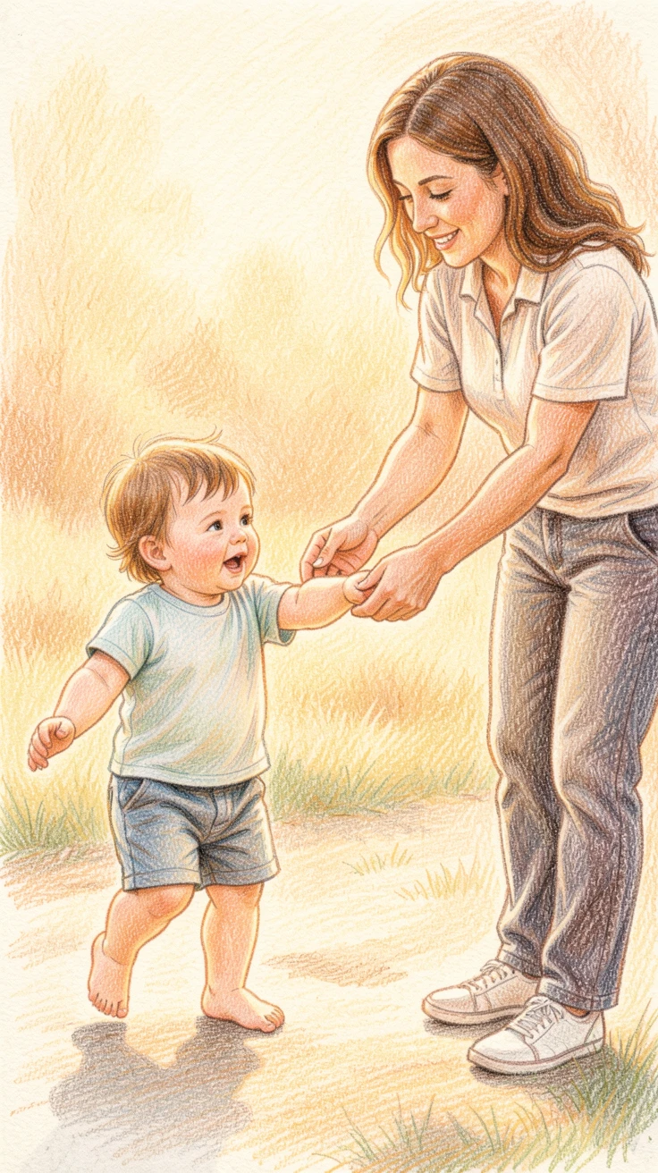 A toddler taking her first steps toward her mother's outstretched arms, with warm, golden light capturing the joy of the moment, celebrating the simple magic of everyday family moments.