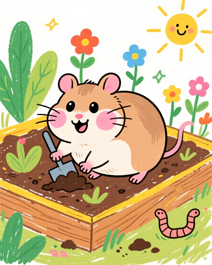 A chubby hamster digging happily in a garden bed.