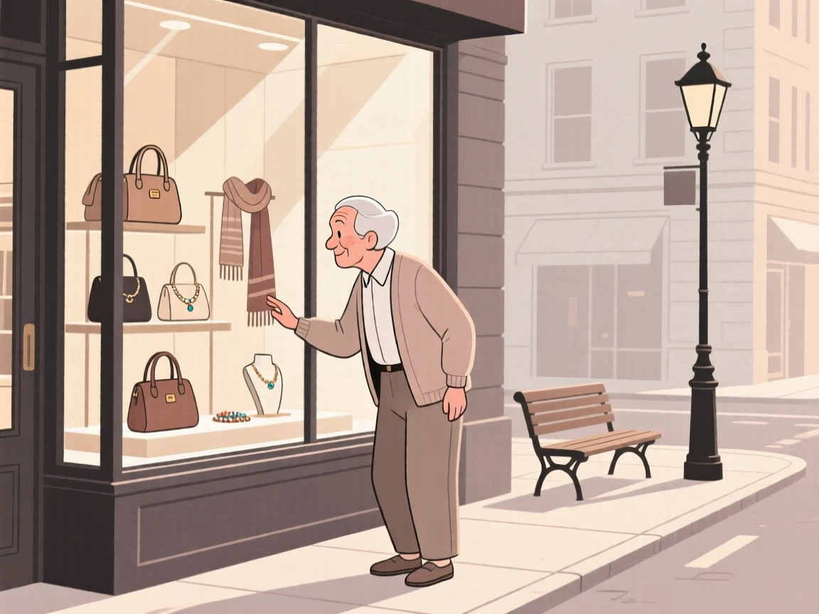 An elderly friends window shopping on a quiet weekday morning in the city.