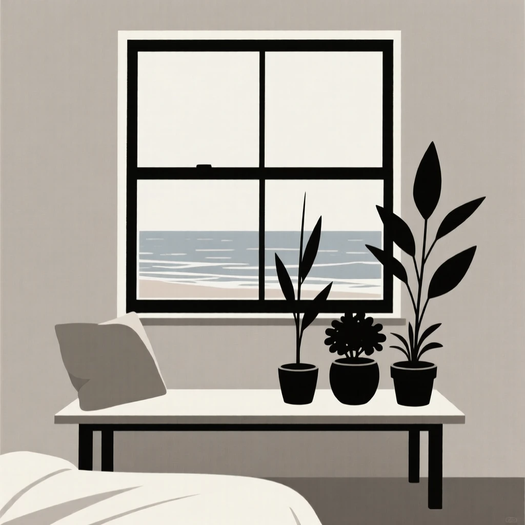 A tidy bedroom window seat arranged near a small houseplant collection in a seaside home, expressing mindful presence.