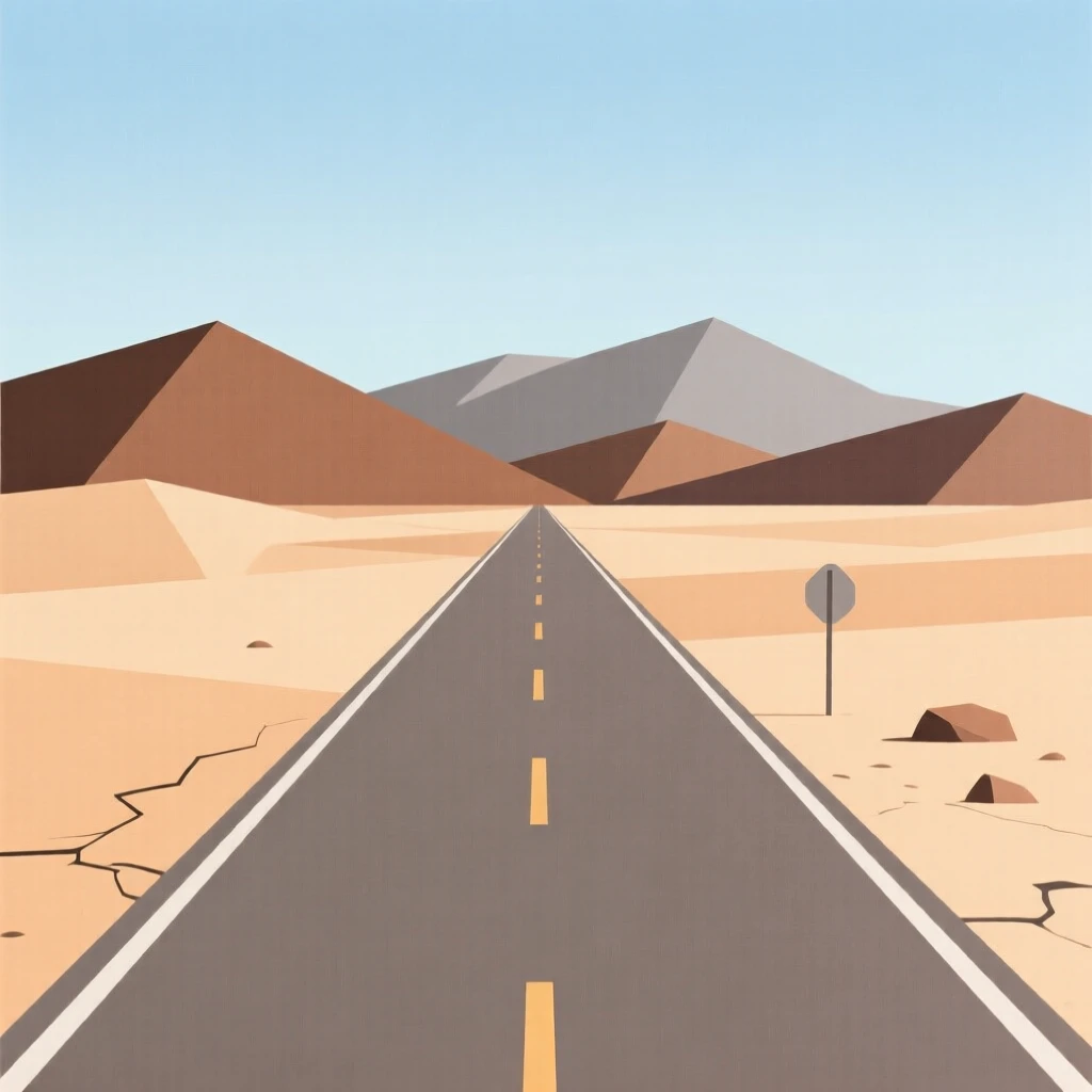 A desert road stretching toward distant mountains