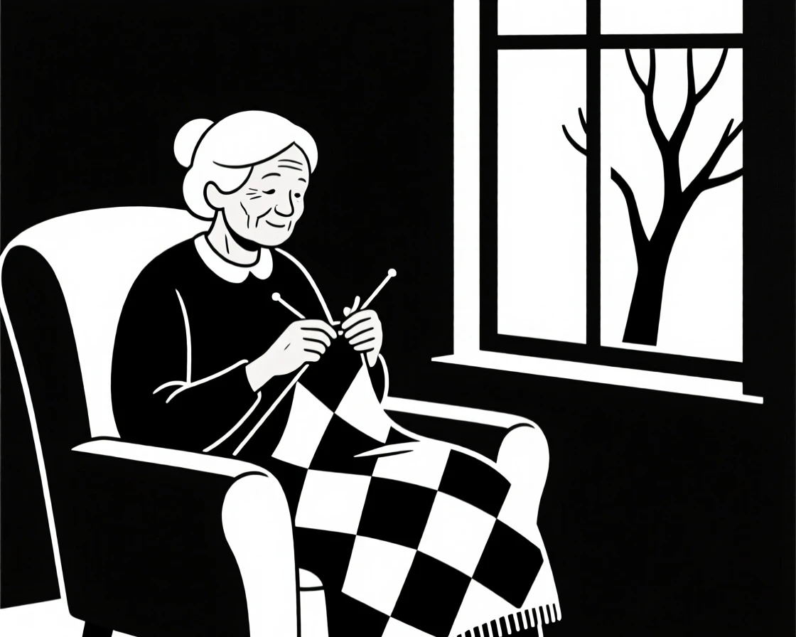 A grandmother knitting a blanket by a window.