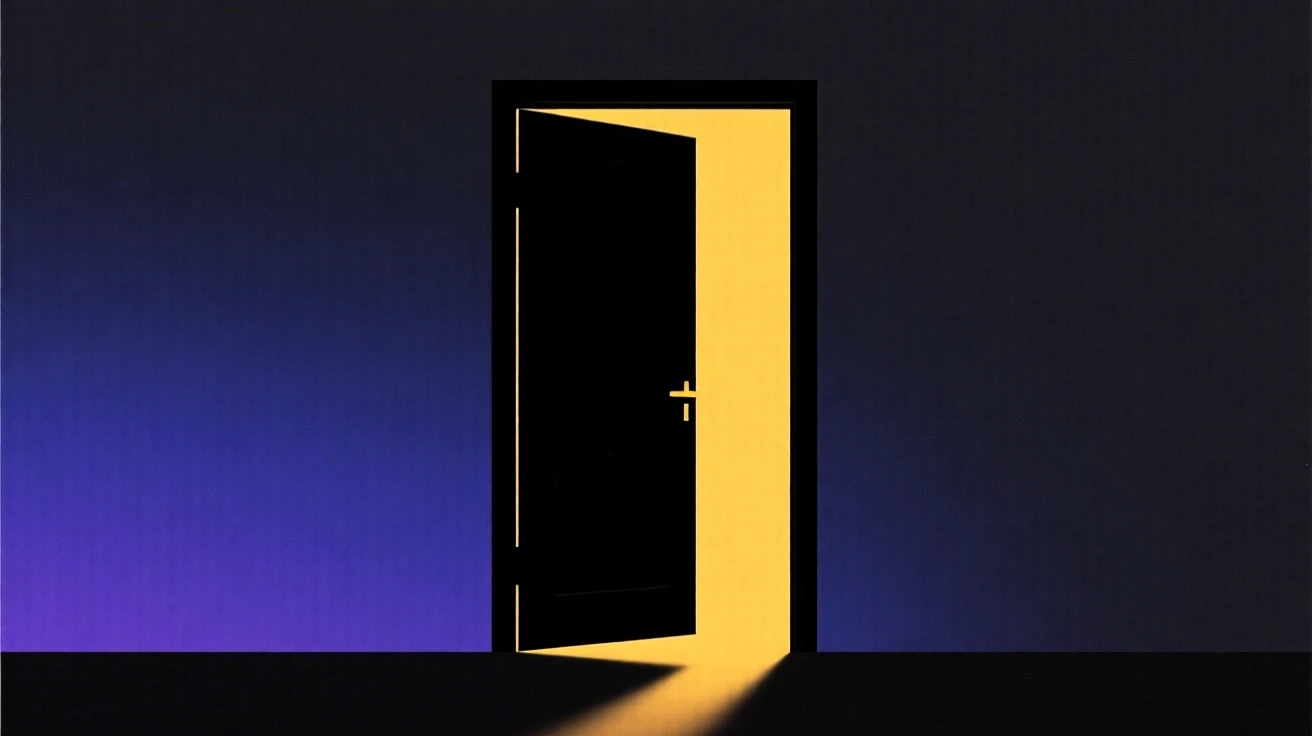 An open door glowing with warm light, set against a plain dark wall.