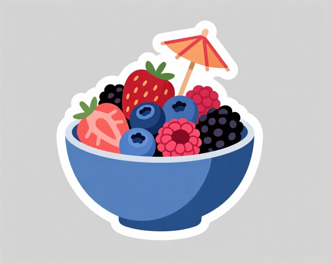 A fresh and juicy bowl of fresh mixed berries, with a small flag or umbrella decoration on top, in a cozy kitchen during breakfast.