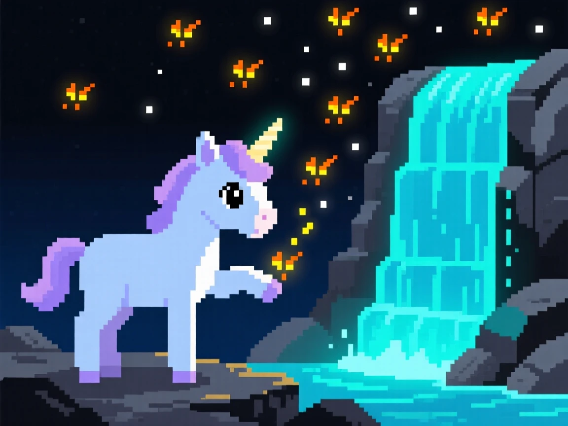 A shy unicorn foal casting a spell that fills the sky with fireflies, beside a waterfall that glows at night.