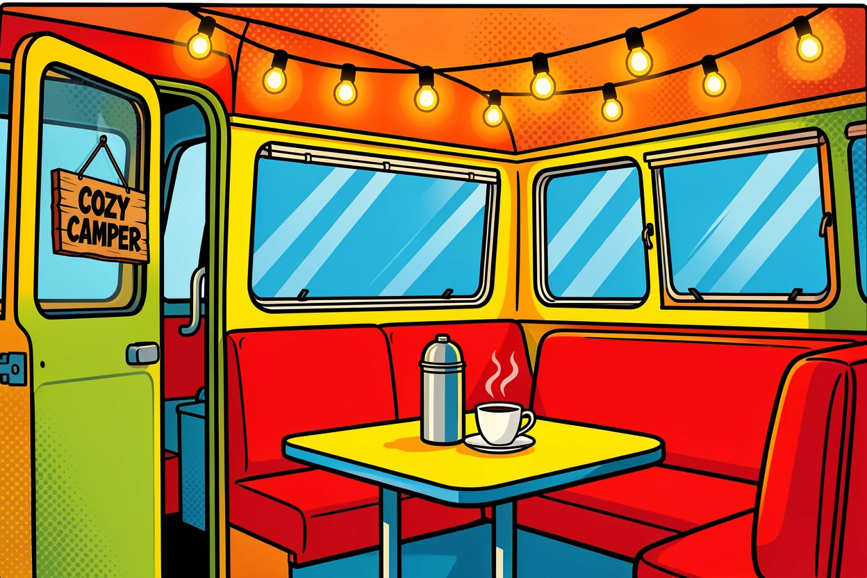 A camper van interior decorated with warm string lights