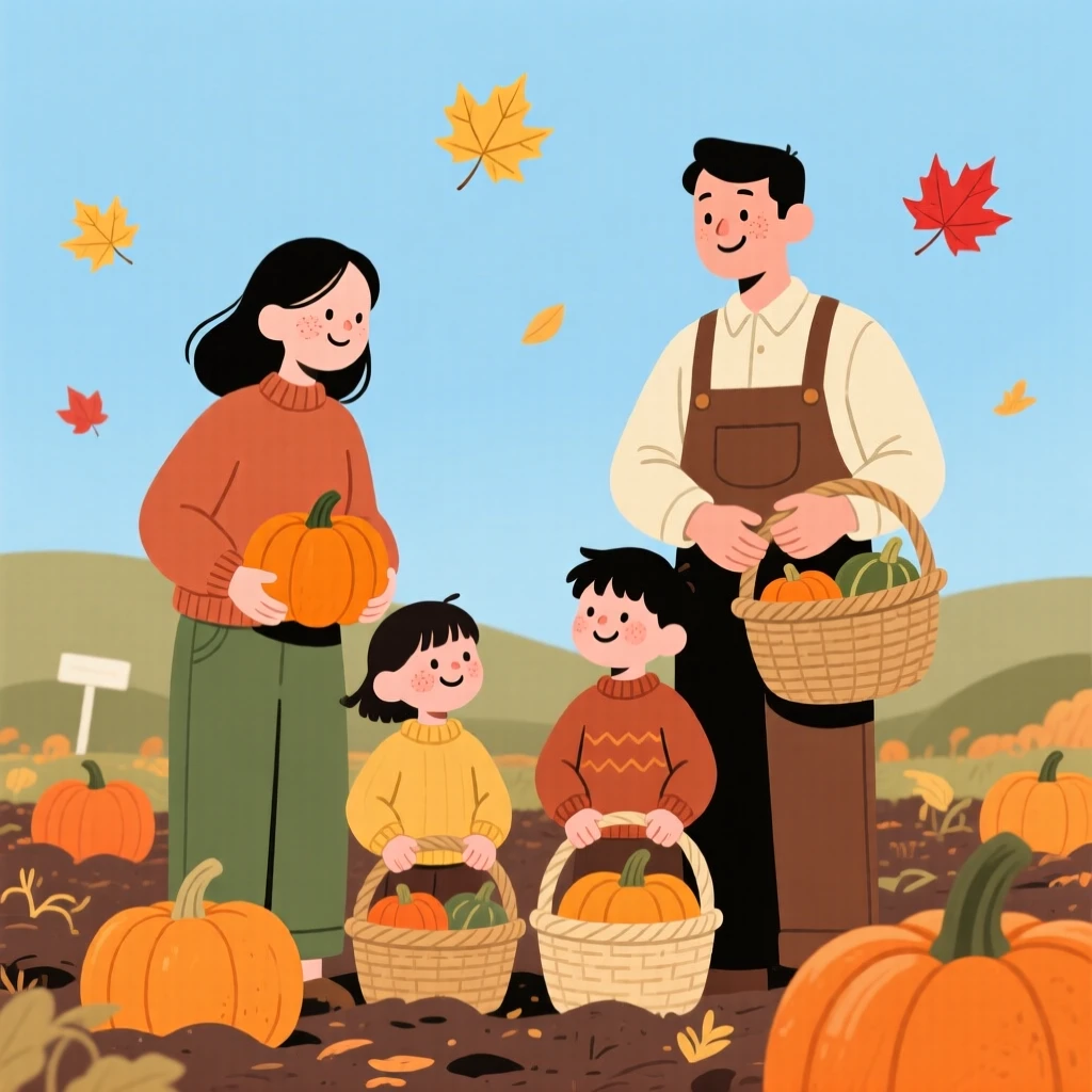 A family gathers baskets of squash in a pumpkin patch as the first falling leaves drift down around them under a crisp blue sky.