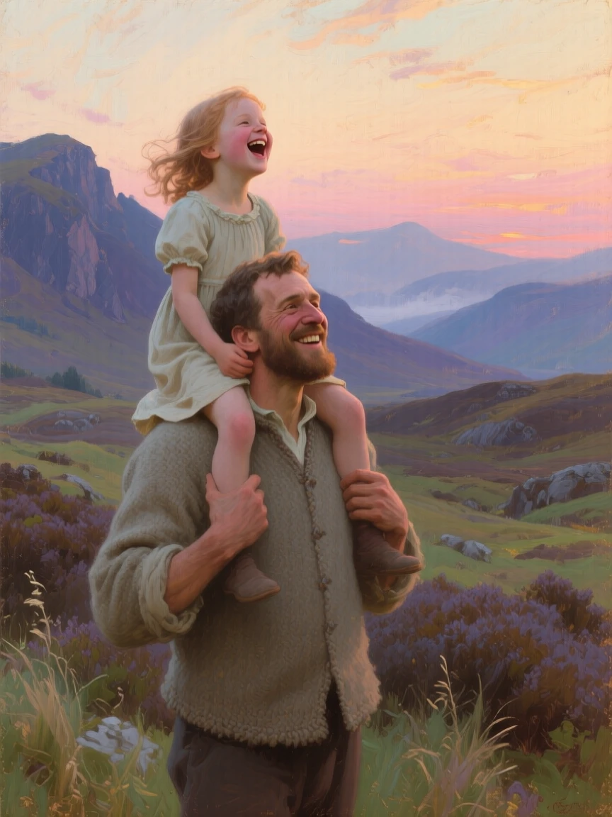 A well-framed scene of a proud father lifting his laughing daughter onto his shoulders, in the Scottish Highlands, at dusk.