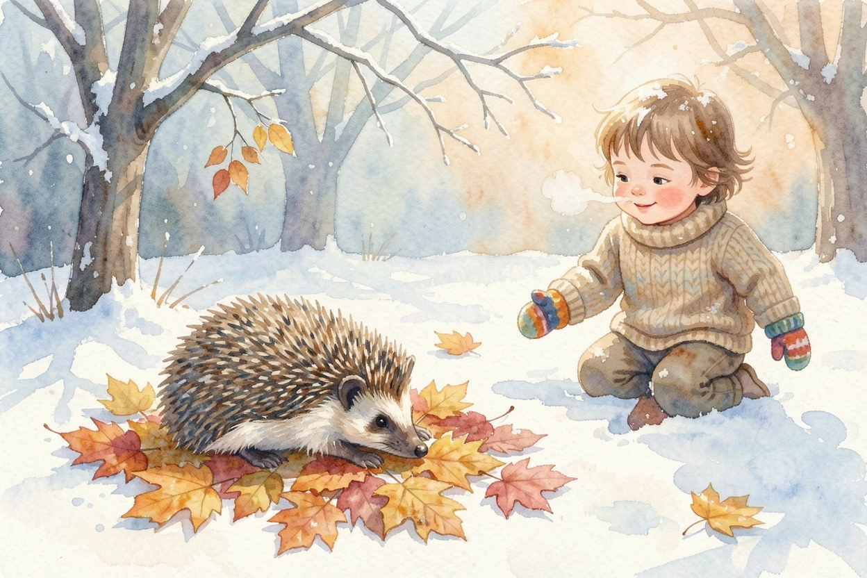 A hedgehog curled in autumn leaves in a snowy backyard playing with a small child nearby.