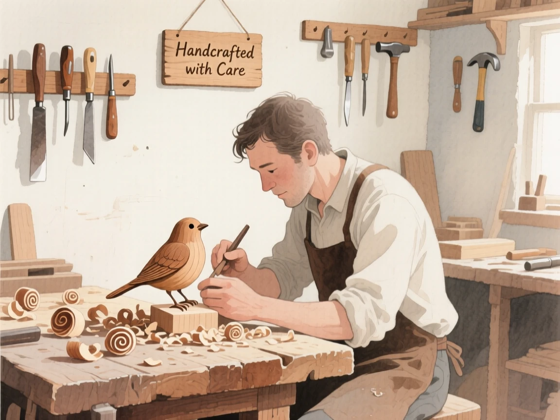 A woodworker carves a small wooden bird in a workshop filled with tools and curling shavings