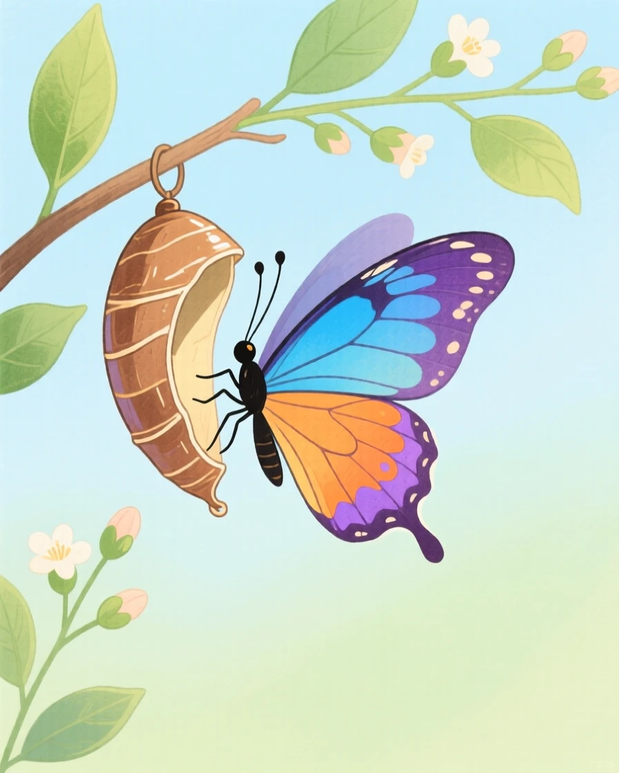A colorful butterfly emerging from its chrysalis, captured in a moment of quiet wonder.