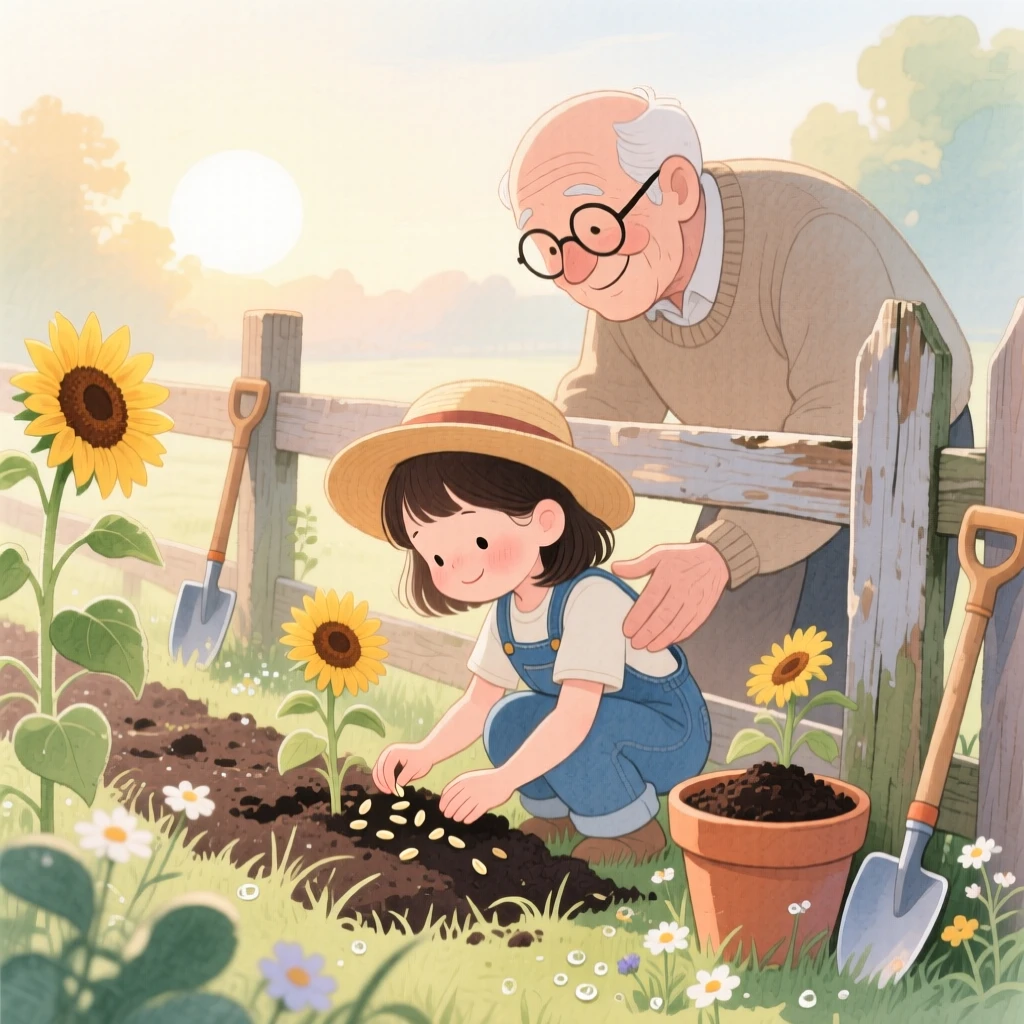 A little girl planting sunflower seeds along a fence with her grandfather, amid the quiet hush of an early morning, radiating kindness, hope, and heartfelt emotion.