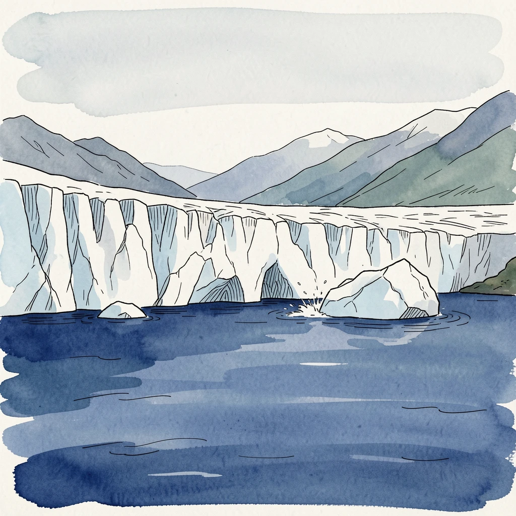 A remote glacier calving into a deep blue fjord, a sense of calm and vastness filling the open space.