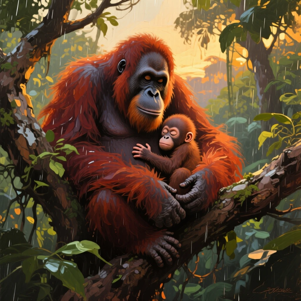an orangutan cradling its infant in rainforest branches, in quiet evening light, with a balanced, spacious view of the surroundings.