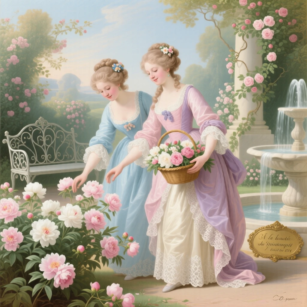 A spring garden portrait of sisters gathering peonies  