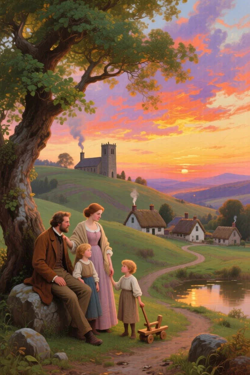 A family on a hillside gathers beneath a sky ablaze with the colors of sunset over a quiet village.